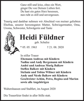 Traueranzeige von Heidi Füldner (geb. Schulze)  von Magdeburger Volksstimme