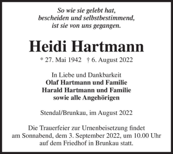 Traueranzeige von Heidi Hartmann  von Magdeburger Volksstimme