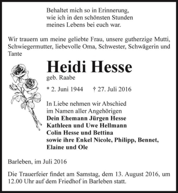 Traueranzeige von Heidi Hesse (geb. Raabe)  von Magdeburger Volksstimme