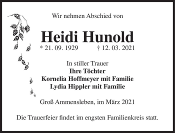Traueranzeige von Heidi Hunold  von Magdeburger Volksstimme