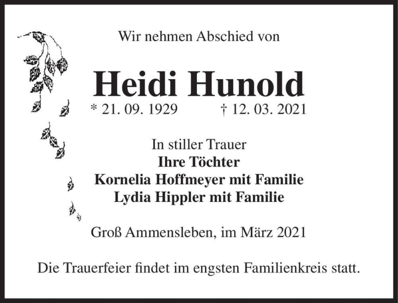  Traueranzeige für Heidi Hunold  vom 20.03.2021 aus Magdeburger Volksstimme