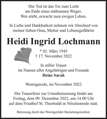 Traueranzeige von Heidi Ingrid Lochmann  von Magdeburger Volksstimme