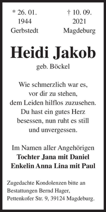 Traueranzeige von Heidi Jakob (geb. Böckel)  von Magdeburger Volksstimme
