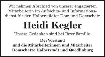 Traueranzeige von Heidi Kegler  von Magdeburger Volksstimme