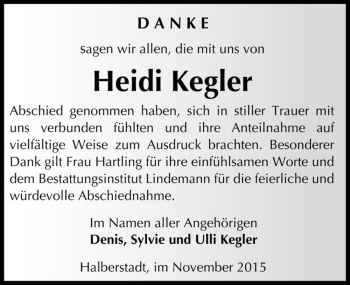 Traueranzeige von Heidi Kegler  von Magdeburger Volksstimme