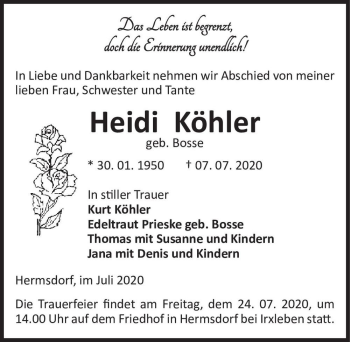 Traueranzeige von Heidi Köhler (geb. Bosse)  von Magdeburger Volksstimme