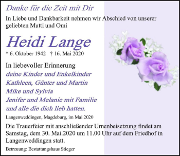 Traueranzeige von Heidi Lange  von Magdeburger Volksstimme