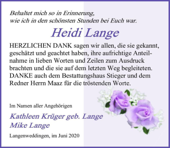 Traueranzeige von Heidi Lange  von Magdeburger Volksstimme