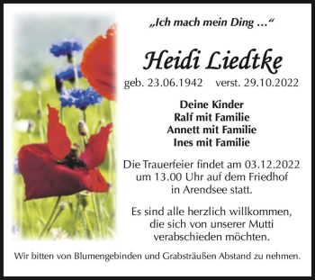 Traueranzeige von Heidi Liedtke  von Magdeburger Volksstimme