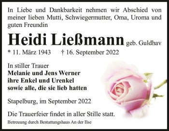 Traueranzeige von Heidi Ließmann (geb. Guldhav)  von Magdeburger Volksstimme