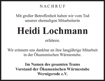 Traueranzeige von Heidi Lochmann  von Magdeburger Volksstimme