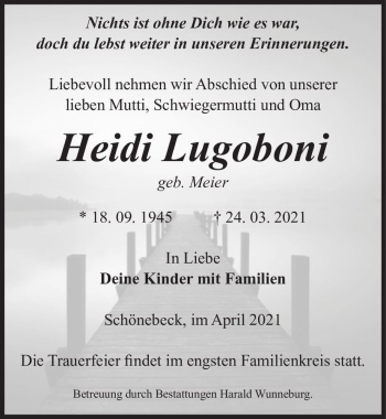 Traueranzeige von Heidi Lugoboni (geb. Meier)  von Magdeburger Volksstimme