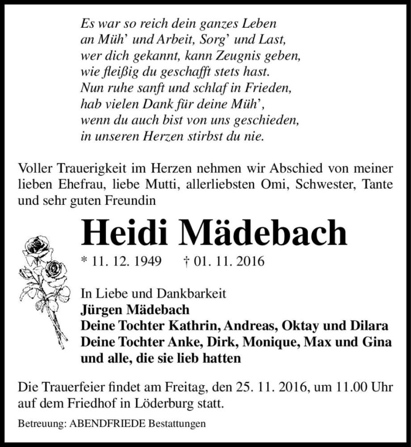  Traueranzeige für Heidi Mädebach  vom 12.11.2016 aus Magdeburger Volksstimme