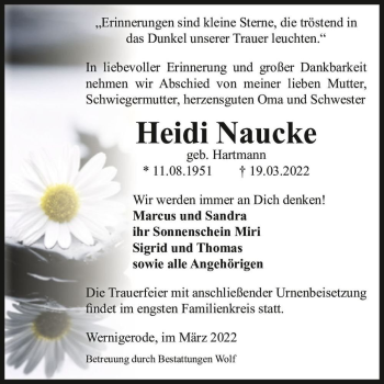 Traueranzeige von Heidi Naucke (geb. Hartmann)  von Magdeburger Volksstimme