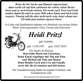 Traueranzeige von Heidi Pritzl (geb. Ecklebe)  von Magdeburger Volksstimme