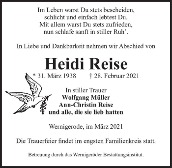 Traueranzeige von Heidi Reise  von Magdeburger Volksstimme