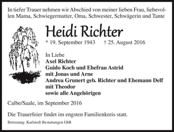 Traueranzeige von Heidi Richter  von Magdeburger Volksstimme