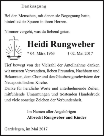 Traueranzeige von Heidi Rungweber  von Magdeburger Volksstimme