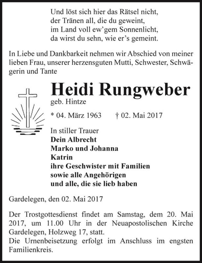  Traueranzeige für Heidi Rungweber (geb. Hintze)  vom 05.05.2017 aus Magdeburger Volksstimme