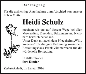 Traueranzeige von Heidi Schulz  von Magdeburger Volksstimme