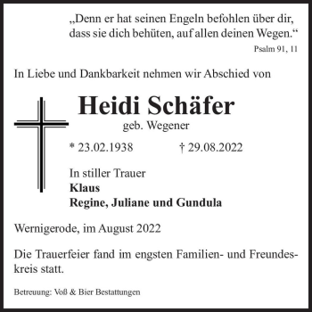 Traueranzeige von Heidi Schäfer (geb. Wegener)  von Magdeburger Volksstimme