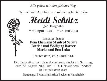 Traueranzeige von Heidi Schütz (geb. Berghahn)  von Magdeburger Volksstimme