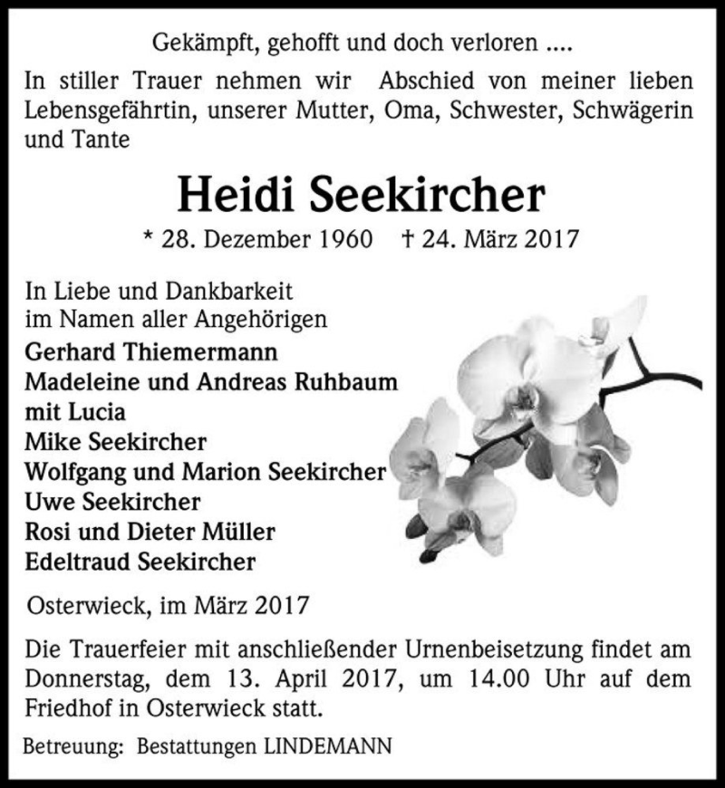  Traueranzeige für Heidi Seekircher  vom 01.04.2017 aus Magdeburger Volksstimme
