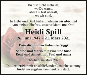 Traueranzeige von Heidi Spill  von Magdeburger Volksstimme
