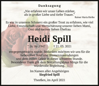 Traueranzeige von Heidi Spill  von Magdeburger Volksstimme