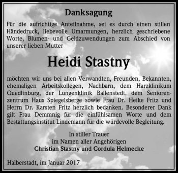 Traueranzeige von Heidi Stastny  von Magdeburger Volksstimme
