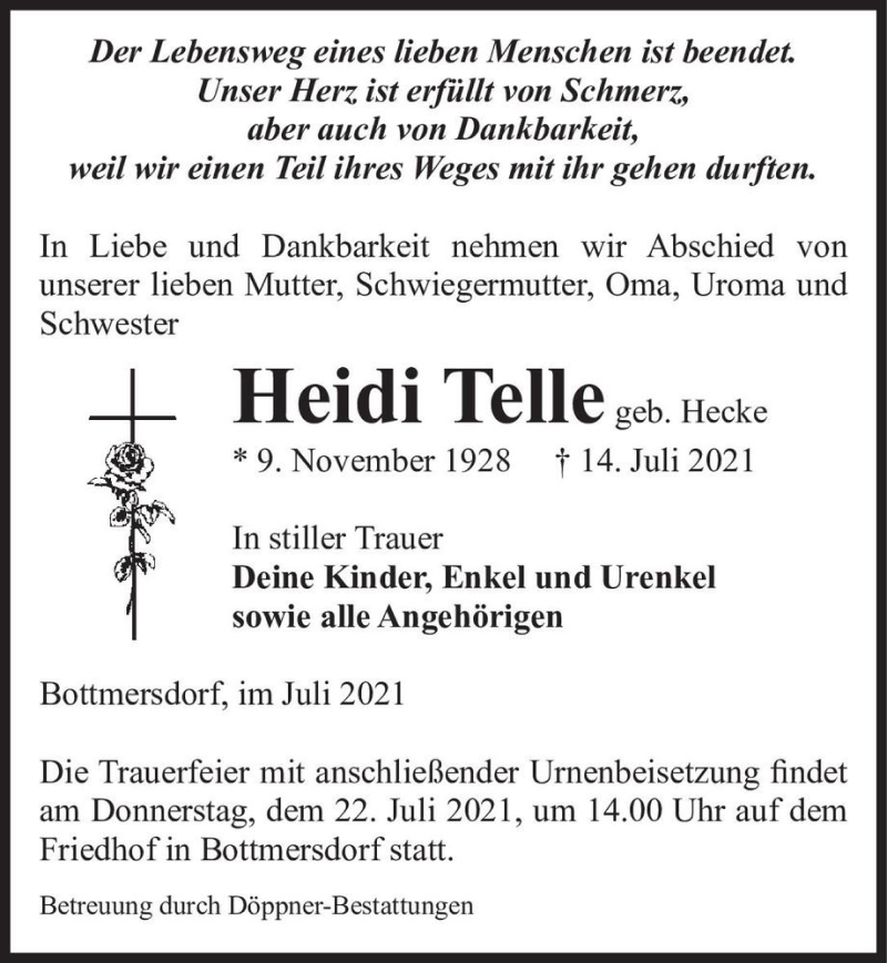  Traueranzeige für Heidi Telle (geb. Hecke)  vom 17.07.2021 aus Magdeburger Volksstimme