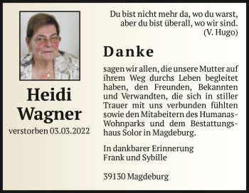 Traueranzeige von Heidi Wagner  von Magdeburger Volksstimme