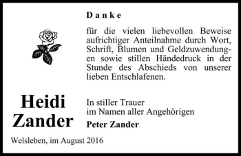 Traueranzeige von Heidi Zander  von Magdeburger Volksstimme