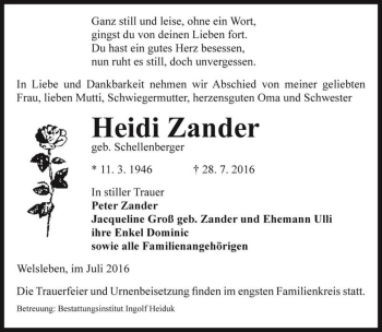 Traueranzeige von Heidi Zander (geb. Schellenberger)  von Magdeburger Volksstimme