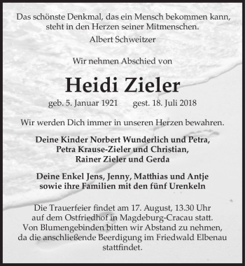 Traueranzeige von Heidi Zieler  von Magdeburger Volksstimme