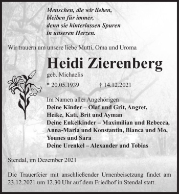 Traueranzeige von Heidi Zierenberg (geb. Michaelis)  von Magdeburger Volksstimme