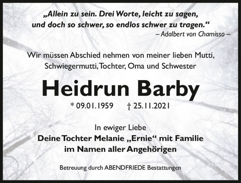 Traueranzeige für Heidrun Barby  vom 04.12.2021 aus Magdeburger Volksstimme