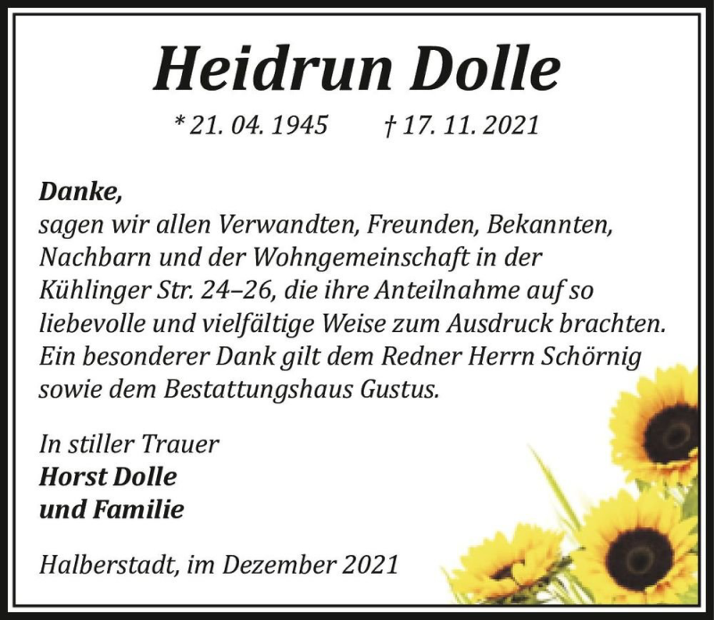  Traueranzeige für Heidrun Dolle  vom 11.12.2021 aus Magdeburger Volksstimme
