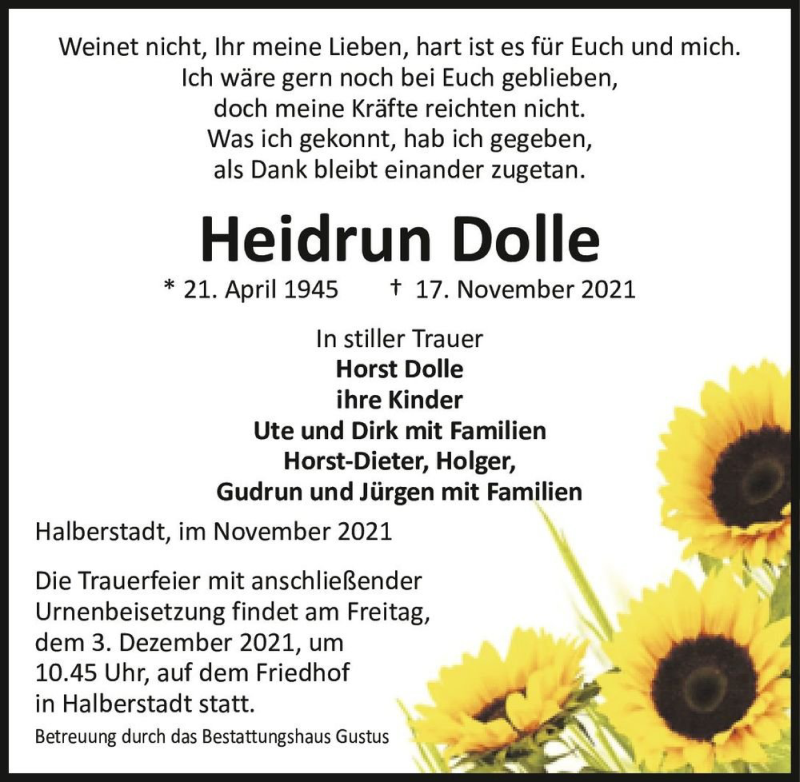  Traueranzeige für Heidrun Dolle  vom 20.11.2021 aus Magdeburger Volksstimme