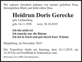 Traueranzeige von Heidrun Doris Gerecke (geb. Lichtenberg)  von Magdeburger Volksstimme