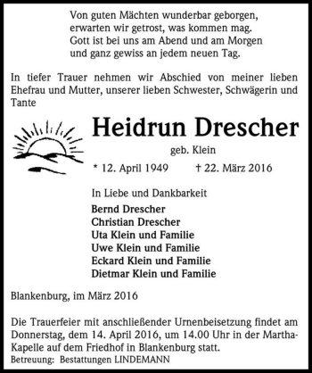 Traueranzeige von Heidrun Drescher (geb. Klein)  von Magdeburger Volksstimme