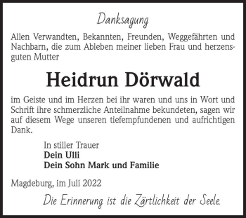 Traueranzeige von Heidrun Dörwald  von Magdeburger Volksstimme