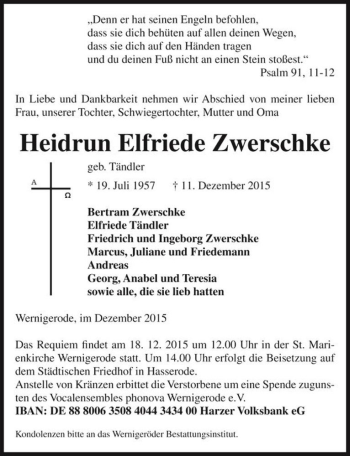 Traueranzeige von Heidrun Elfriede Zwerschke (geb. Tändler)  von Magdeburger Volksstimme