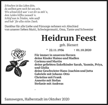 Traueranzeige von Heidrun Feest (geb. Bienert)  von Magdeburger Volksstimme
