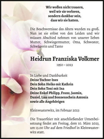 Traueranzeige von Heidrun Franziska Volkmer  von Magdeburger Volksstimme