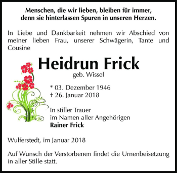 Traueranzeige von Heidrun Frick (geb. Wissel)  von Magdeburger Volksstimme