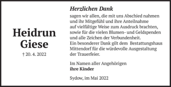 Traueranzeige von Heidrun Giese  von Magdeburger Volksstimme