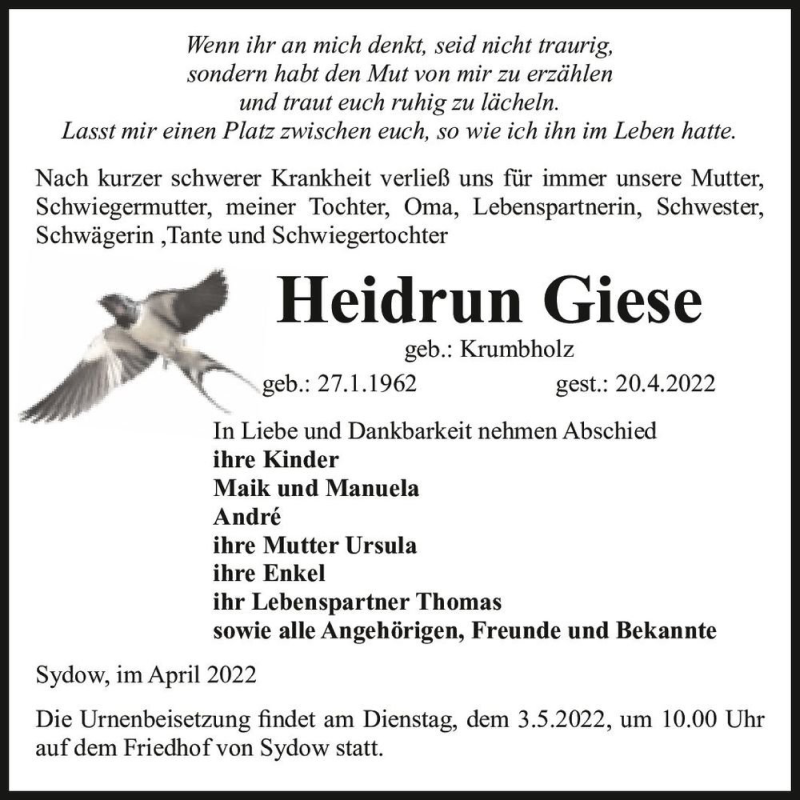  Traueranzeige für Heidrun Giese (geb. Krumbholz)  vom 30.04.2022 aus Magdeburger Volksstimme