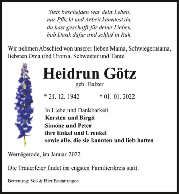 Traueranzeige von Heidrun Götz (geb. Balzer)  von Magdeburger Volksstimme
