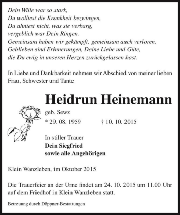 Traueranzeige von Heidrun Heinemann (geb. Sewz)  von Magdeburger Volksstimme